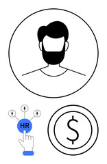Profile avatar, hand selecting HR connection nodes, dollar sign symbolizing payroll or finance. Ideal for HR, recruitment, hiring process, workforce management, payroll, business services flat