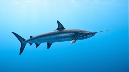 Naklejka premium Sleek barracuda in striking detail against clear blue ocean backdrop Perfect for marine life concepts