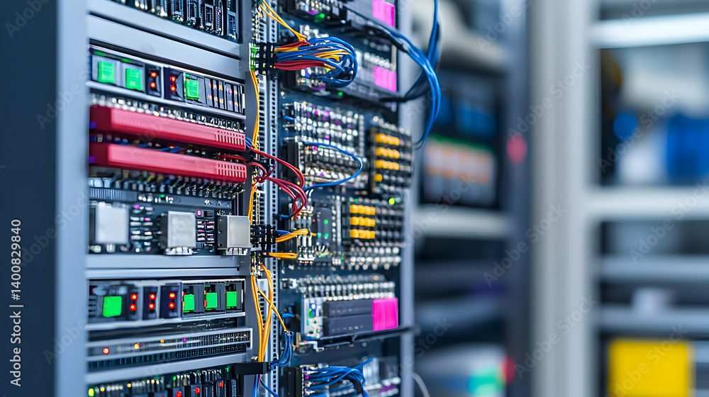 Poster close up server rack with network cables and components