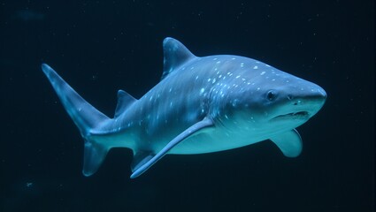 Fototapeta premium Ethereal ghost shark with translucent skin and bioluminescent spots drifting gracefully in deep clear water A mesmerizing underwater spectacle