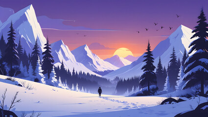 Winter Sunset Landscape &ndash; Semi-Flat Digital Illustration with Snowy Mountains and Pine Trees