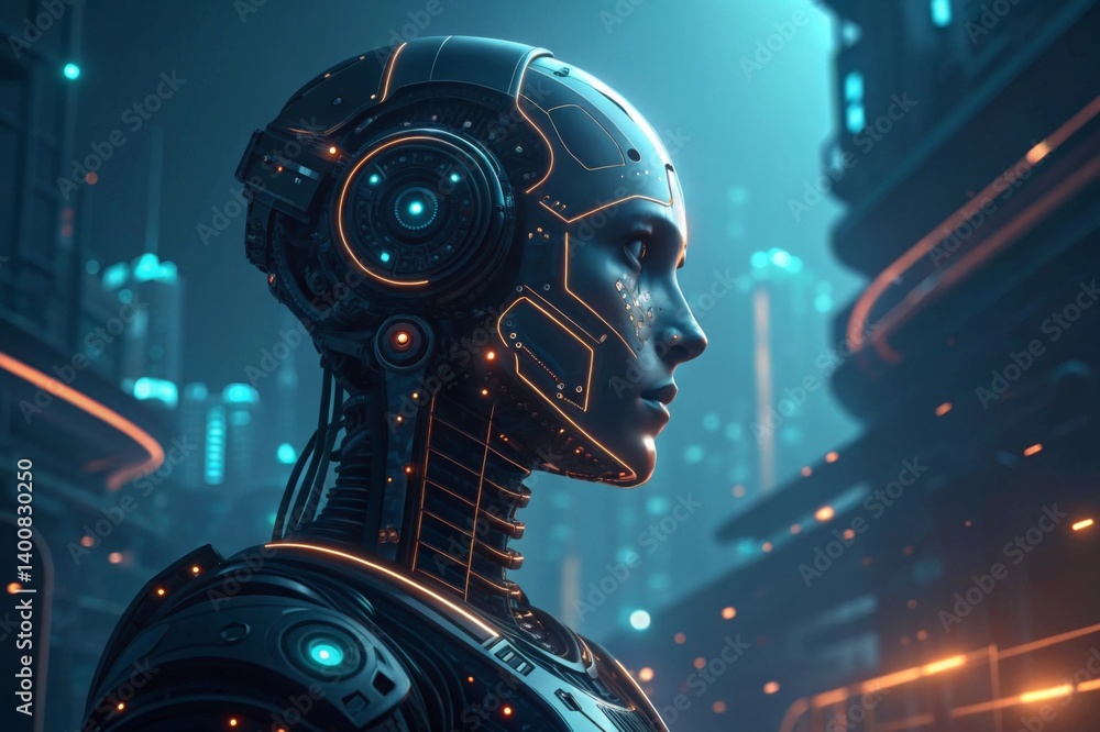 Aufkleber digital robot head with neon circuits in cyber environment futuristic robot head against a neon-lit 