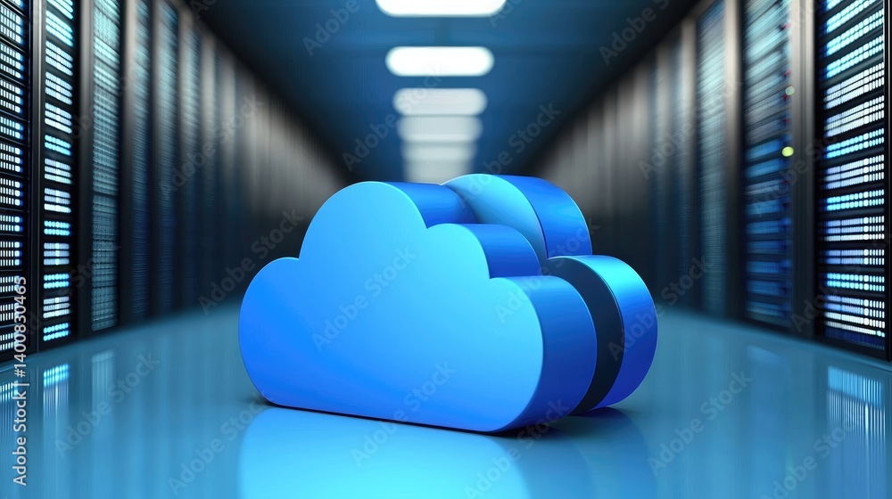 Poster glossy 3d cloud icon placed in a modern data center hallway, representing cloud infrastructure, digi