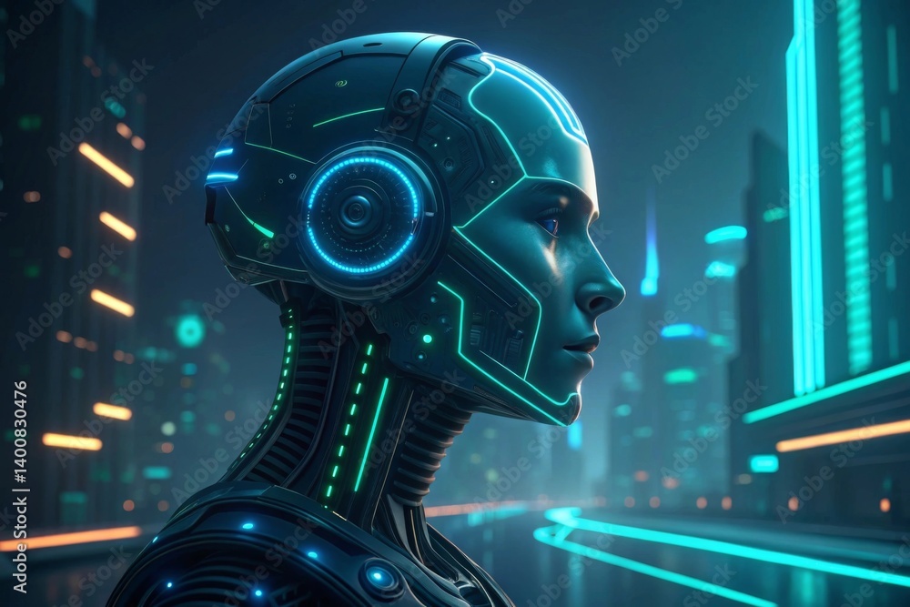 Aufkleber digital robot head with neon circuits in cyber environment futuristic robot in a neon city with intr