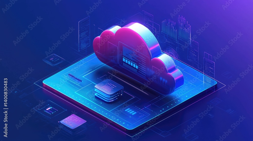 Poster 3D cloud on a glowing digital interface with data blocks and analytics elements, ideal for illustrating cloud infrastructure, SaaS platforms, and futuristic tech solutions