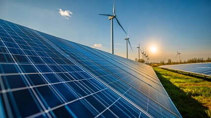 Solar panels and wind turbines generate renewable energy under a blue sky.