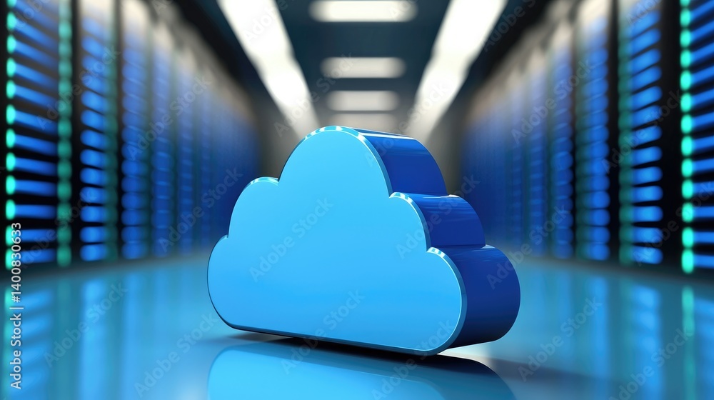 Poster shiny 3d cloud icon in a modern server room with glowing lights, representing cloud services, data s