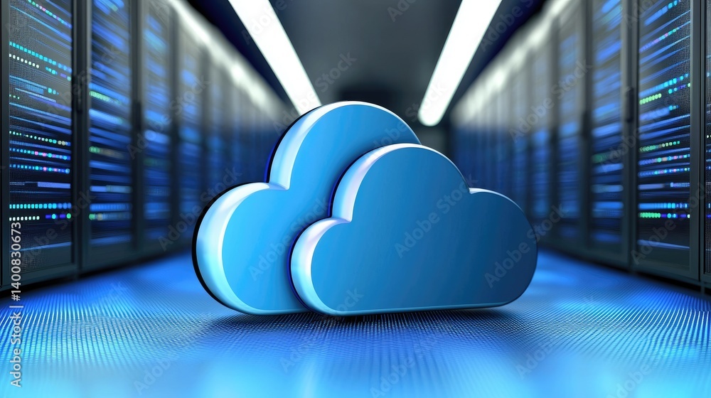 Aufkleber Glossy blue 3D cloud icon centered in a high-tech server room with illuminated racks, symbolizing cloud storage, secure computing, and digital infrastructure for enterprise and IT use