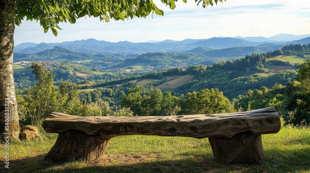 Poster creative bench carved from tree trunk offers a tranquil retreat with layered peak views on a serene 