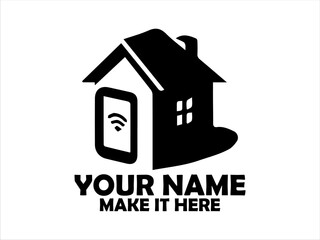 Illustration vector design simple black silhouette icon depicting a house with a smartphone inside emitting wireless signals. Smart home concept and logo design