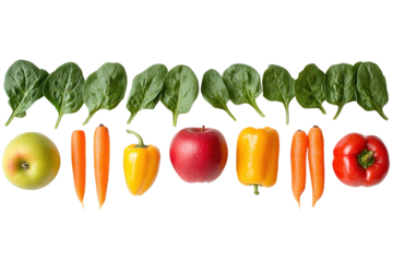 A vibrant assortment of fresh fruits and vegetables arranged neatly on a white background, featuring bright red apples, green leafy spinach