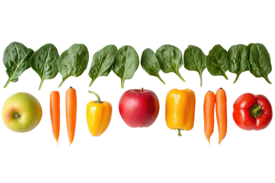 A vibrant assortment of fresh fruits and vegetables arranged neatly on a white background, featuring bright red apples, green leafy spinach