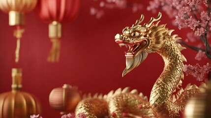 Obraz premium Golden dragon figurine amidst festive decorations