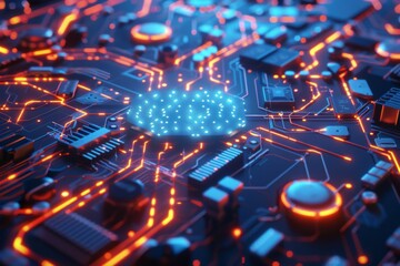 An abstract technology background with a network of glowing blue hexagons and electronic circuitry elements