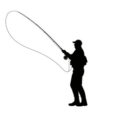 Fly fishing silhouette casting rod outdoors in black and white graphic style