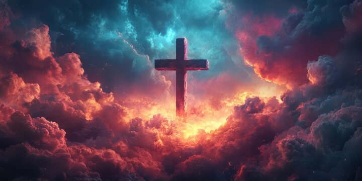 Dramatic clouds surround a glowing cross at sunset, conveying spiritual significance and serenity in nature's beauty
