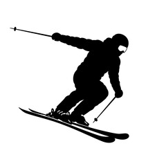 Skier silhouette carves down slope showing active winter sport adventure and recreation