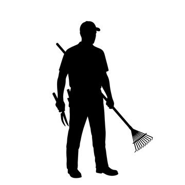 black silhouette gardener holding rake clip art preview