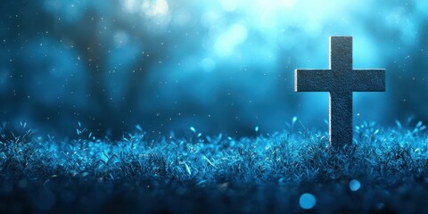 Graveyard cross illuminated by soft blue light at dusk with dew on grass