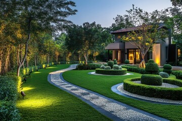 A beautifully landscaped garden with a winding stone path leading to a modern house at twilight