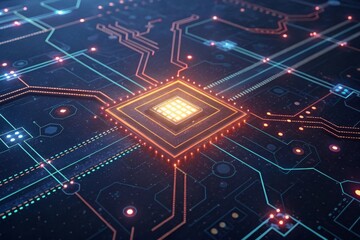 Abstract visualization of AI-controlled robotic network Digital circuit design showcasing a central processing unit with intricate connections and glowing elements.