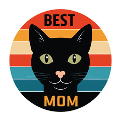 Retro-style vector illustration of a black cat face with colorful stripes and "Best Mom" text—perfect for cat lovers and pet-themed designs.  Ideal for Mother's Day or cat-themed gifts.