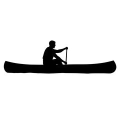 Man canoeing paddles a boat silhouette against a white backdrop in monochrome style