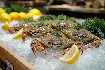 Seafood market display with fresh crabs, lemons, and garnish on ice