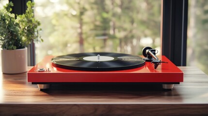 Fototapeta premium vibrant red turntable playing a record with lush greenery in the background adding a touch of warmth and sophistication to the scene