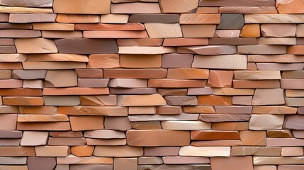 A seamless high-resolution texture of a rustic stone wall featu various shades of orange pink and brown rectangular and irregular shaped stones.