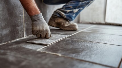 Tiler applying grout to bathroom tiles. Featuring neatness and technique