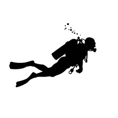 Scuba diver silhouette swims underwater diving with bubbles in the sea waters deep exploration