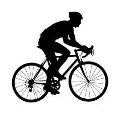 Obraz premium Cyclist silhouette rides bicycle against white background showcasing speed and healthy lifestyle with minimalist design