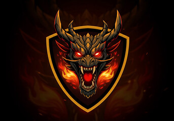 Obraz premium Fiery Dragon Head in Pixel Art Shield Emblem