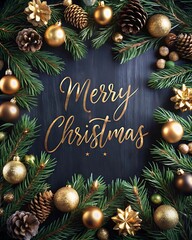 A festive Merry Christmas frame made of pine branches and gold ornaments on a dark blue background.