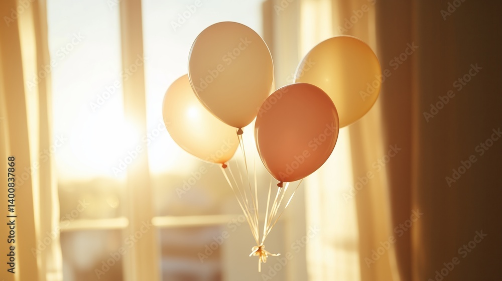Poster balloons floating in soft sunlight by a window create a cheerful atmosphere in a cozy indoor setting