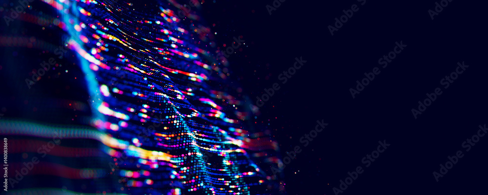 Poster Abstract Big data digital stream waves. Information flow concept. LLM learning process, AI technology. Quantum computing. 