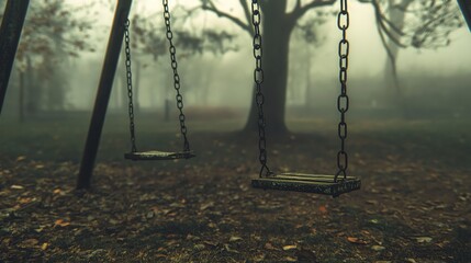 Empty Swing Set in Foggy Park with Fallen Leaves Landscape
