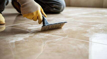 Tiler grouting bathroom wall tiles. Featuring precision and attention to detail
