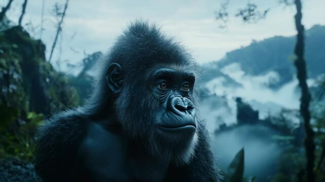 Calm Gorilla Sitting in Serene Forest Environment While Quietly Watching Its Surroundings in Untouched Nature