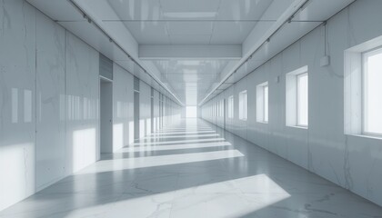 Obraz premium Modern Minimalist Architecture Long White Corridor with Sunlight Streaming Through Windows