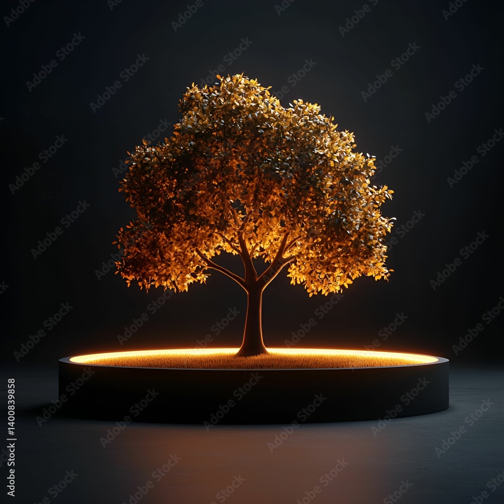 Poster a glowing tree surrounded by a circular base, illuminated in a dark setting, creating a striking con
