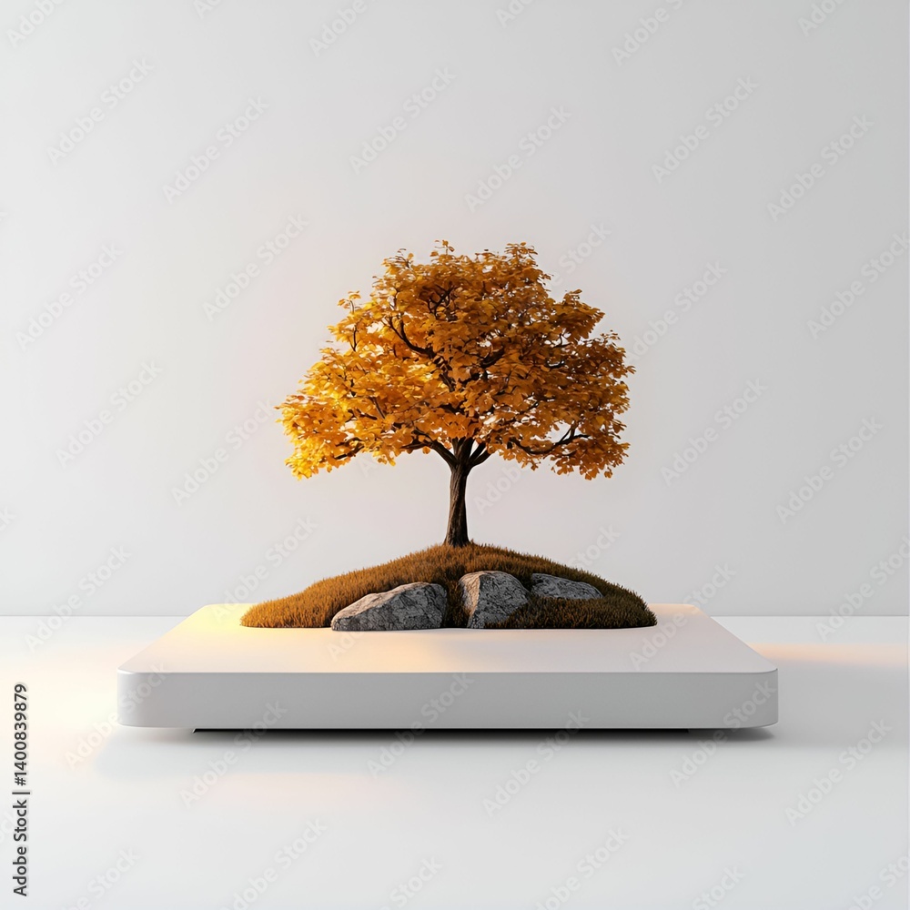 Poster a stylized tree with vibrant autumn leaves sits atop a modern platform, surrounded by grass and rock