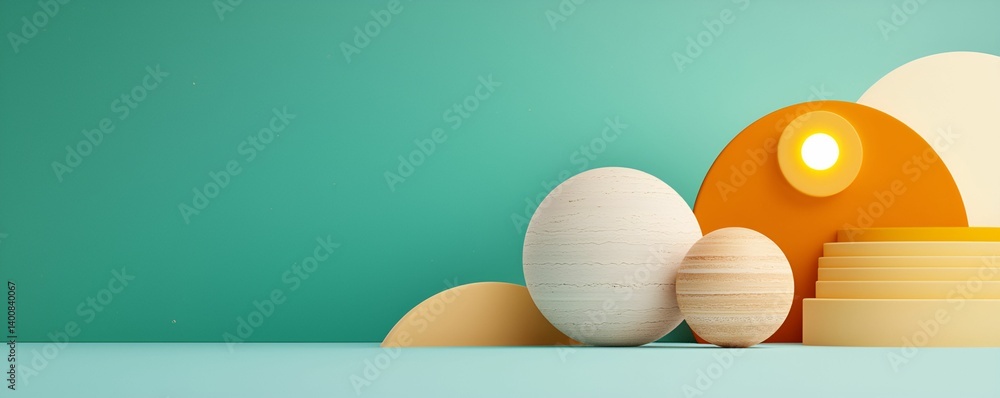 Poster a vibrant composition of abstract shapes and spheres in soft colors, creating a modern and minimalis