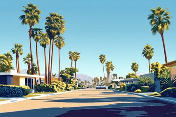 Fototapeta premium A street view with palm trees lining the road and houses on either side under a clear blue sky day
