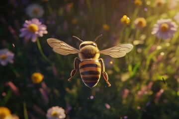 Naklejka premium A honeybee hovers mid-flight above a vibrant field of wildflowers, showcasing intricate detail and a sense of dynamic motion.