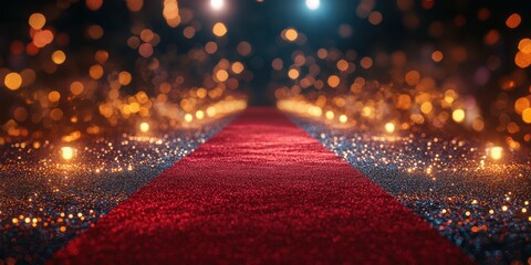 Luxurious red carpet event with sparkling lights and glimmering background decor in a grand venue