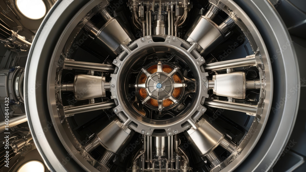 Poster detailed view of futuristic engine showcasing advanced technology and intricate design, emphasizing 