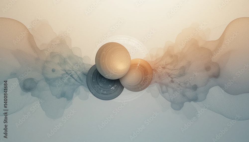 Poster dynamic collision of abstract spheres digital art ethereal environment conceptual visualization arti