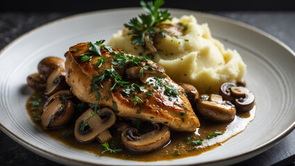 Juicy pan-seared chicken breast in rich mushroom sauce served with creamy mashed potatoes, a comforting and elegant meal.